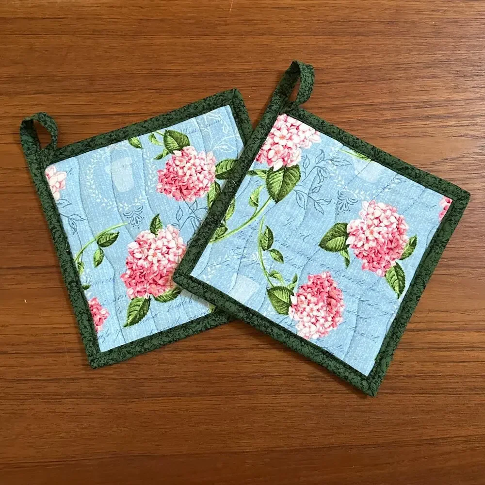 Handmade Pair of Pink & Green Floral Potholders